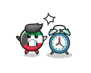 Cartoon Illustration of kuwait flag badge is surprised with a giant alarm clock