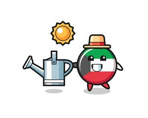 Cartoon character of kuwait flag badge holding watering can