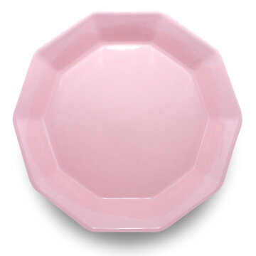 Pink decagon ceramics plate isolated on white background.