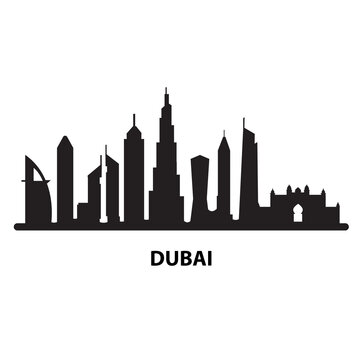 Black Dubai city on white background. Dubai skyline and landmarks sign. Arab Emirates Dubai City symbol. Dubai UAE skyline silhouette. flat style.