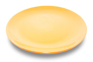 Yellow circle ceramics plate isolated on white background.