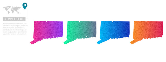 Set of vector polygonal Connecticut maps. Bright gradient map of country in low poly style. Multicolored country map in geometric style for your