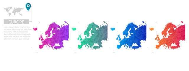 Set of vector polygonal Europe maps. Bright gradient map of country in low poly style. Multicolored country map in geometric style for your