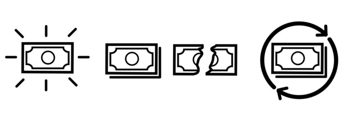 Vector Set 4 of Icon Paper Money, fresh, broken, cash back, for your design element, isolated on white