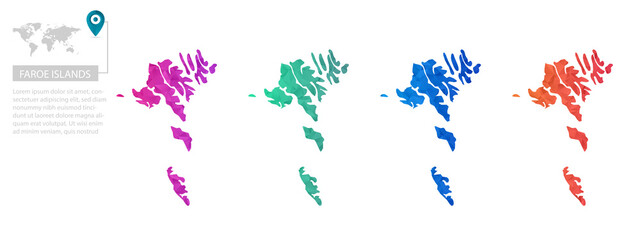 Set of vector polygonal Faroe Islands maps. Bright gradient map of country in low poly style. Multicolored country map in geometric style for your