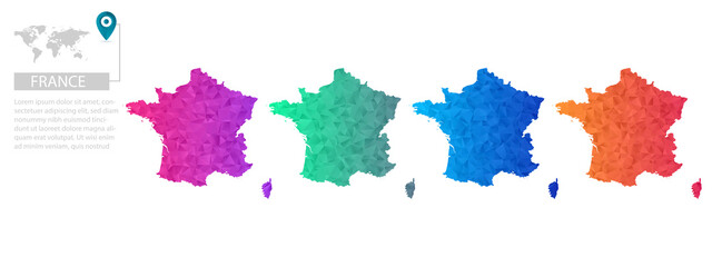 Set of vector polygonal France maps. Bright gradient map of country in low poly style. Multicolored country map in geometric style for your