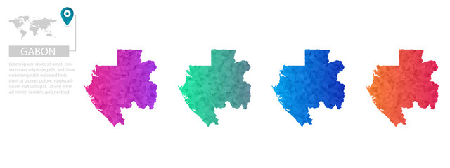 Set of vector polygonal Gabon maps. Bright gradient map of country in low poly style. Multicolored country map in geometric style for your