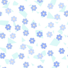 Fototapeta na wymiar Seamless floral pattern. Blue forget-me-nots with triangles. Blue flowers on a white background. Trendy endless baby ornament for textiles and designs, children, kids, clothes, bedding. Vector.