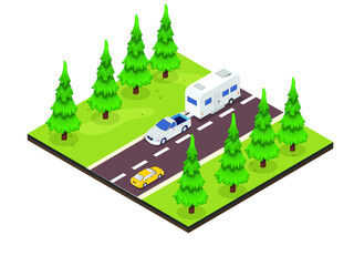 Caravan car moving on the road at the forest during holiday trip. isometric vector concept