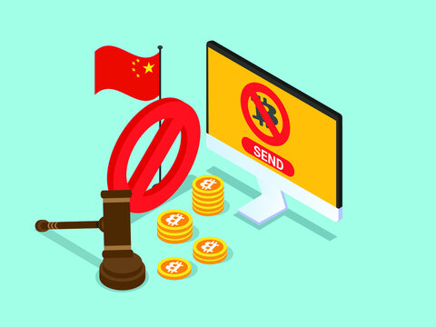 Bitcoin online transaction prohibition sign on computer monitor with china flag and a law hammer. Cryptocurrency ban isometric vector concept