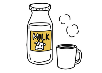 牛乳瓶と温かい飲み物が入ったマグのイラスト