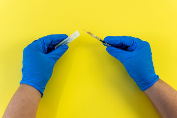 Flat Lay for medical theme and vaccinations from COVID-19. Medicine, vaccine, hands of a doctor