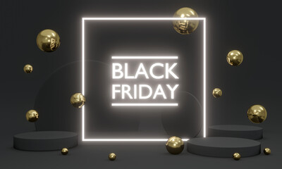 3D Rendering Black Friday sale with led futuristic light with elements floating around on background concept of Black Friday promotion advertise. 3D Render. 3D illustration.