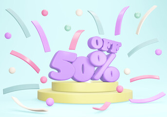 3D rendering of discount banner 50 percent on podium confetti on background. 3D Render. 3D illustration.