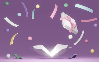 3D Rendering of gift box open reveal balnk space with explosion confetti in pastel on background. 3D Render. 3D illustration.