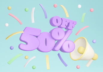 3D rendering of discount banner 50 percent with megaphone confetti on background. 3D Render. 3D illustration.
