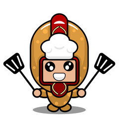 vector cartoon character junk food hot dog cute mascot costume chef holding two spatulas