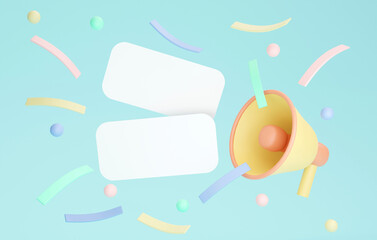3D rendering of blank paper cards with megaphone confetti on background. 3D Render. 3D illustration.