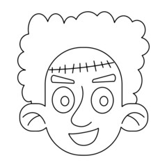 Happy monster with big scar on forehead coloring page for Halloween vector illustration. Happy scary character hand-drawn linear isolated on white