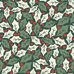 Winter Holidays Holly Foliage and Berries Vector Seamless Pattern. Modern Christmas Background. Colorful Minimal Hand-Drawn Print. - 457050765