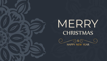 Holiday card Merry Christmas and Happy New Year in dark blue color with luxury blue pattern