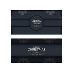Holiday card Merry Christmas and Happy New Year in dark blue with winter blue pattern