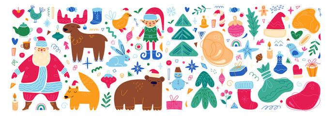Set of Merry Christmas characters and elements. New Year holidays icons. Cute cartoon colorful illustration isolated on white. Vector
