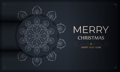 Fototapeta na wymiar Holiday card Happy New Year in dark blue with winter blue pattern