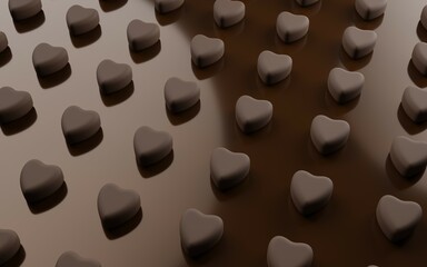 3D Reder of Brown Heart Shaped Bonbons on a Glossy Surface