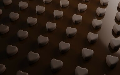 3D Reder of Brown Heart Shaped Bonbons on a Glossy Surface