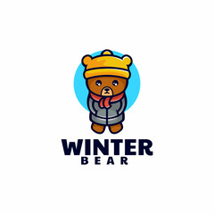 Vector Logo Illustration Winter Bear Mascot Cartoon Style.