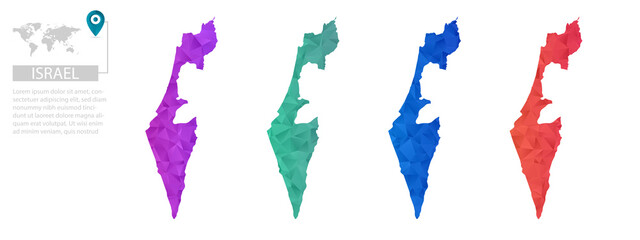 Set of vector polygonal Israel maps. Bright gradient map of country in low poly style. Multicolored country map in geometric style for your
