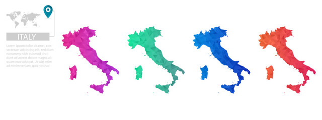 Set of vector polygonal Italy maps. Bright gradient map of country in low poly style. Multicolored country map in geometric style for your