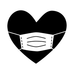 Heart shape wearing protective mask in black and white vector illustration. Love in covid19 Coronavirus quarantine pandemic times.