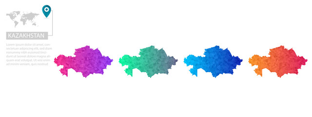 Set of vector polygonal Kazakhstan maps. Bright gradient map of country in low poly style. Multicolored country map in geometric style for your