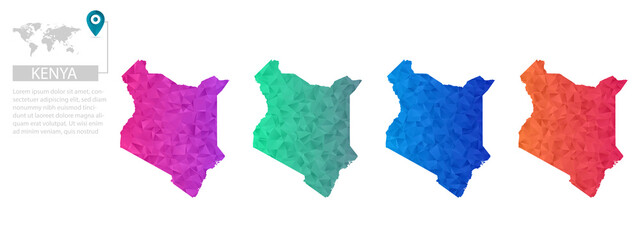 Set of vector polygonal Kenya maps. Bright gradient map of country in low poly style. Multicolored country map in geometric style for your