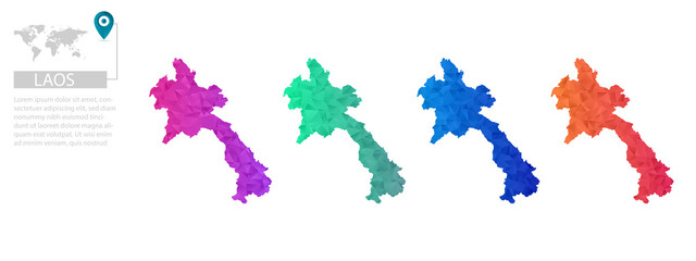 Set of vector polygonal Laos maps. Bright gradient map of country in low poly style. Multicolored country map in geometric style for your