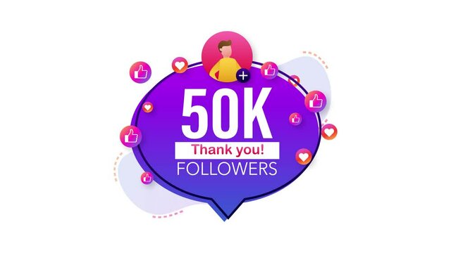 Thank you 50000 followers numbers. Flat style banner. Congratulating multicolored thanks image for net friends likes. Motion graphics