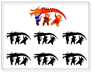 A logical game for children. Find the right shadow. Tigers carry a Chinese dragon, Chinese New Year. Vector isolated on a white background