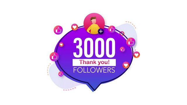 Thank you 3000 followers numbers. Flat style banner. Congratulating multicolored thanks image for net friends likes. Motion graphics