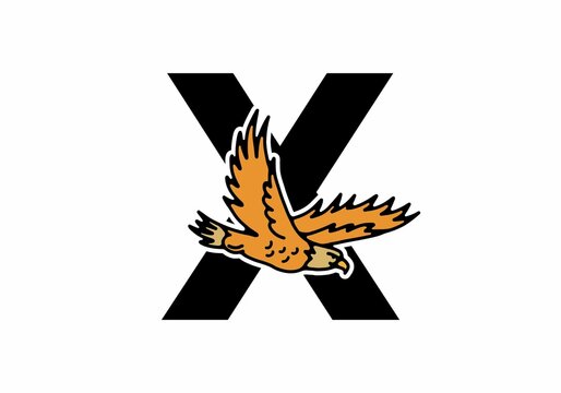 Line art illustration of flying eagle with X initial letter