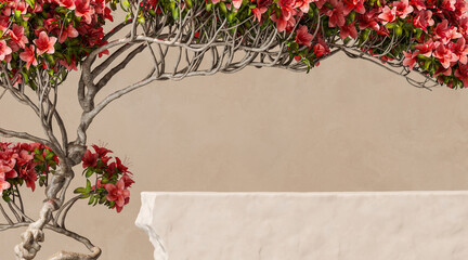 mockup beige stone podium on bonsai flower background. abstract background for product presentation or ads. 3d rendering