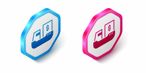 Isometric Cargo ship with boxes delivery service icon isolated on white background. Delivery, transportation. Freighter with parcels, boxes, goods. Hexagon button. Vector