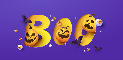Halloween banner design with paper cut boo typography and pumpkins Festive Elements