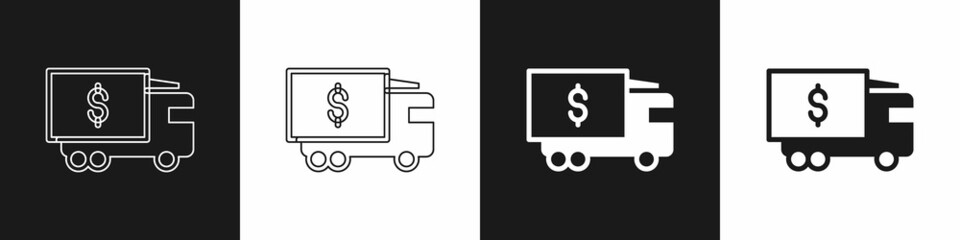 Set Armored truck icon isolated on black and white background. Vector