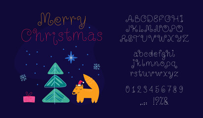 Merry Christmas alphabet for holiday decoration. New Year line art font. Light graceful typography, numbers, symbols. Vector