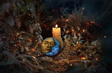burning candle, symbol of moon, dry autumn leaves on dark natural background. old pagan, Wiccan, Slavic traditions. Witchcraft, esoteric spiritual ritual for mabon, halloween, samhain sabbath