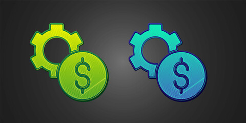 Green and blue Gear with dollar symbol icon isolated on black background. Business and finance conceptual icon. Vector