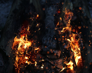 Abstract blurred dark background with open flame burns. flame of fire texture. Wood in fire outdoor...