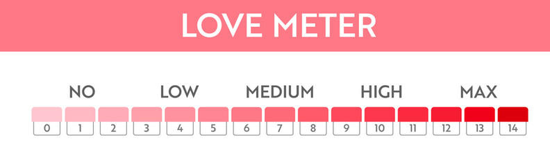 Love level meter indicator. Heart speedometer design. Valentine day card design element..
